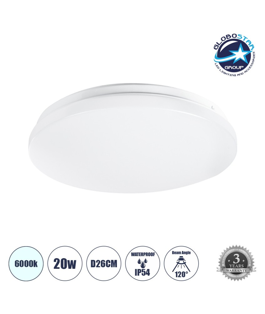 GLOBOSTAR® CELANO 61005 Φωτιστικό Πλαφονιέρα Οροφής LED 20W 2000lm 120° AC 220-240V Αδιάβροχο IP54 Ψυχρό Λευκό 6000K - Lumileds SMD Chip - Λευκό Γαλακτερό - Μ26 x Π26 x Υ6cm - 3 Χρόνια Εγγύηση